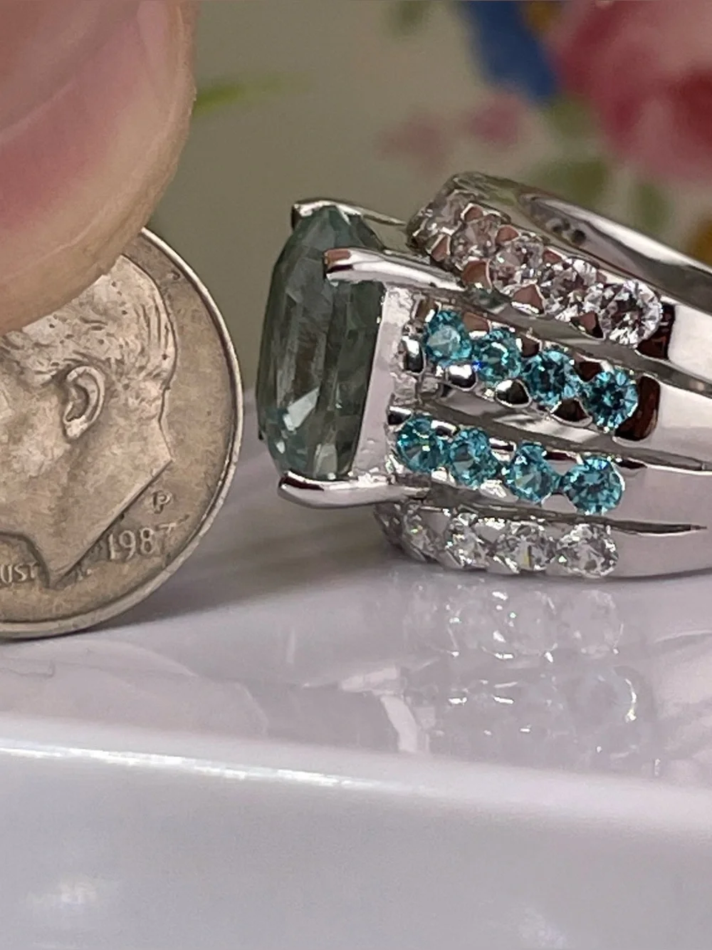 Aquamarine Sapphire Blue white Silver Ring 9.92ct